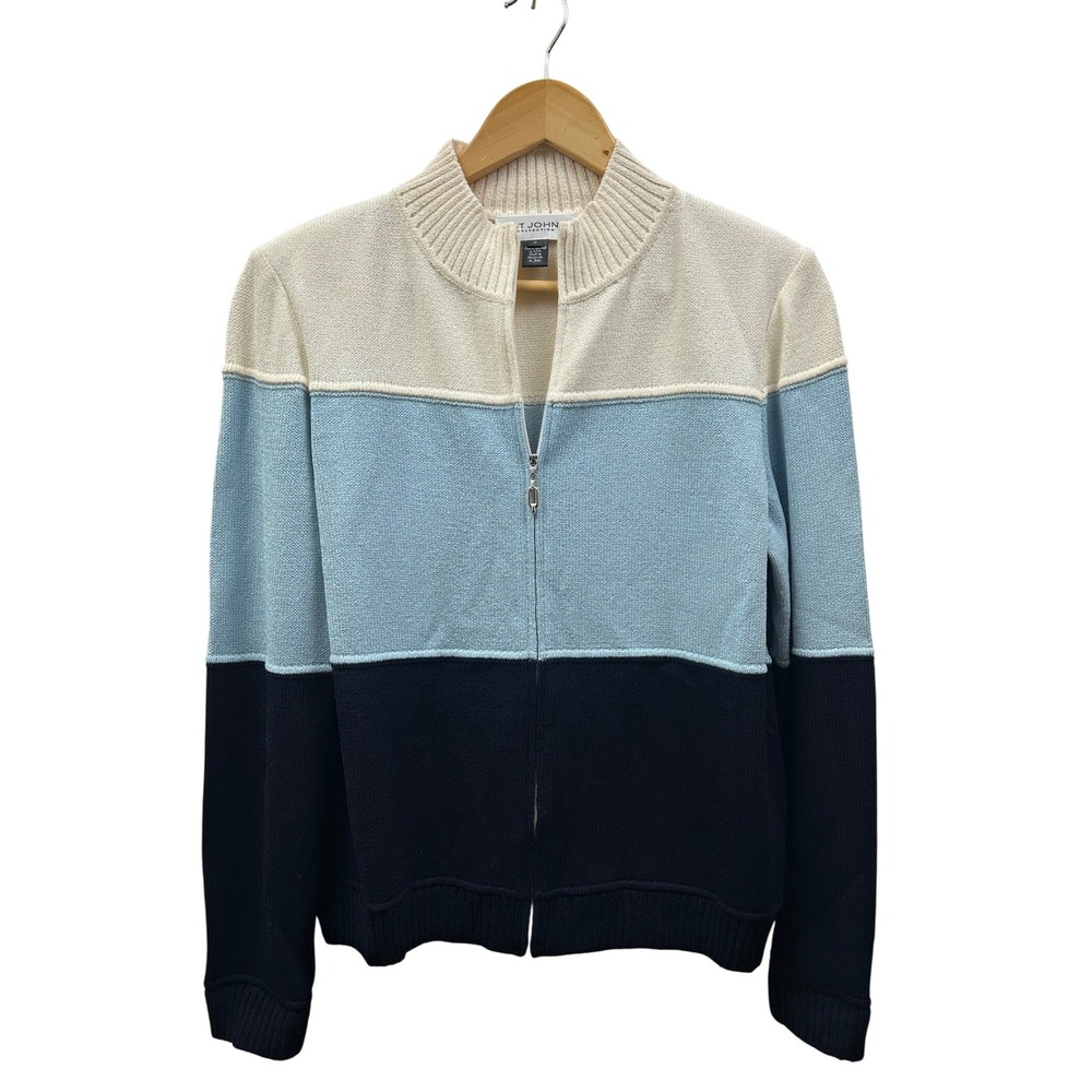 St.‎ John Collection Sweater Women M Wool Blend Zip Colorblock Luxury Knit USA